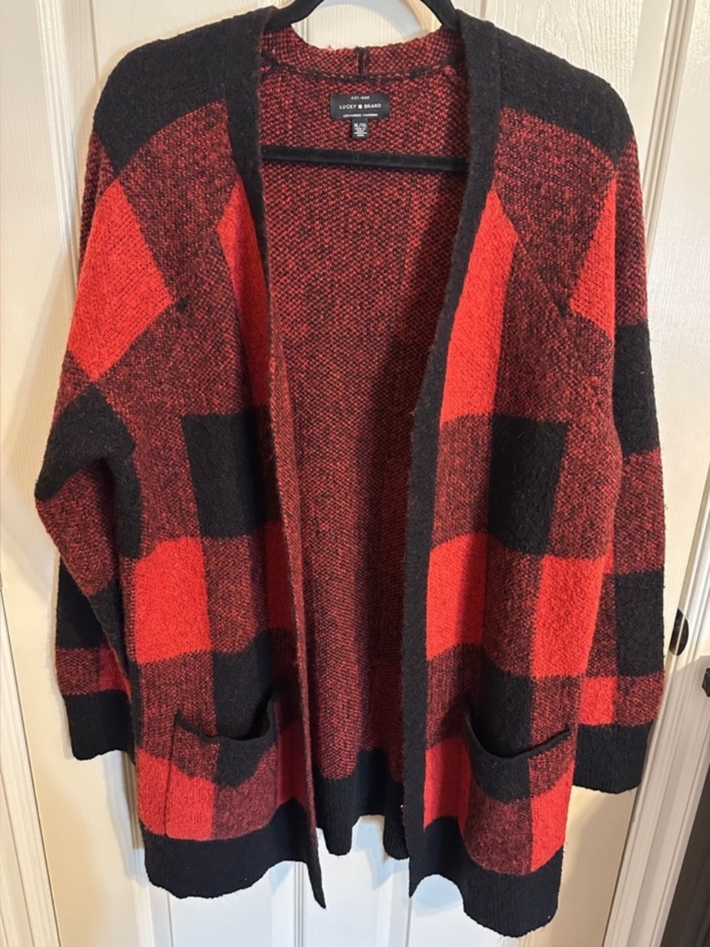 Lucky Brand Open Front Buffalo Plaid Relaxed Cardigan Sweater, Red & Black, XL - Picture 2 of 9
